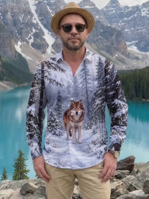 Adaychic Men's Printed Wolf In Snowy Forest Print Long Sleeve Shirt with Chest Pocket