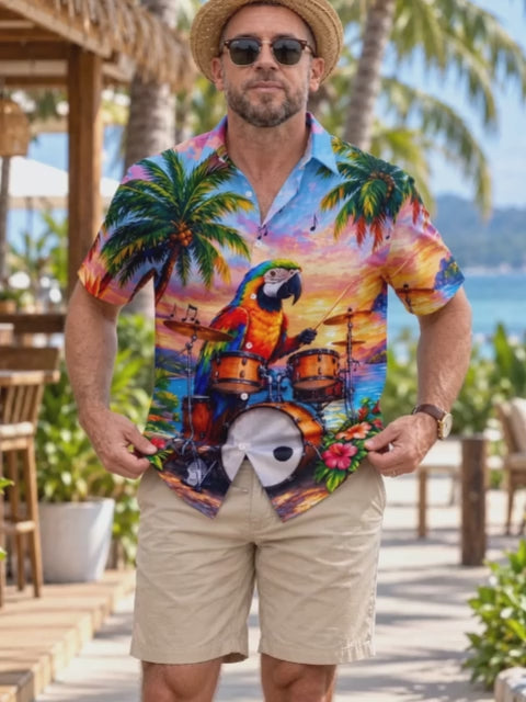 Adaychic Men's Hawaiian Parrot Playing Drums Print Short Sleeve Shirt with Chest Pocket