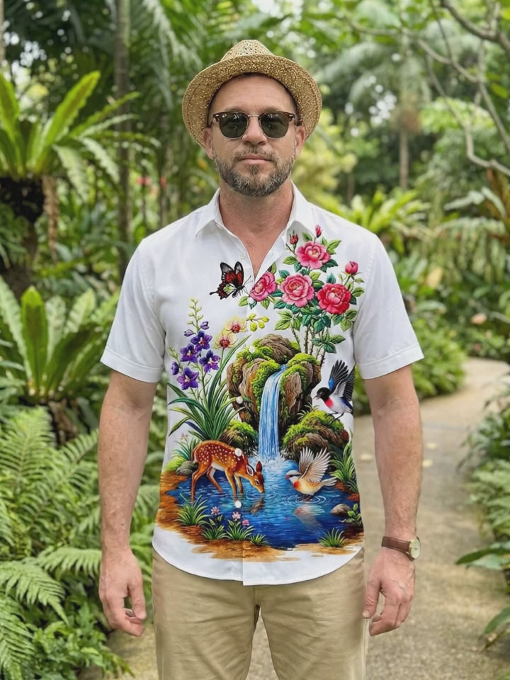 Art Landscape Scenery Waterfall Plum Blossom Sika Deer Magpie Butterfly Men's Pocket Short Sleeve Shirts