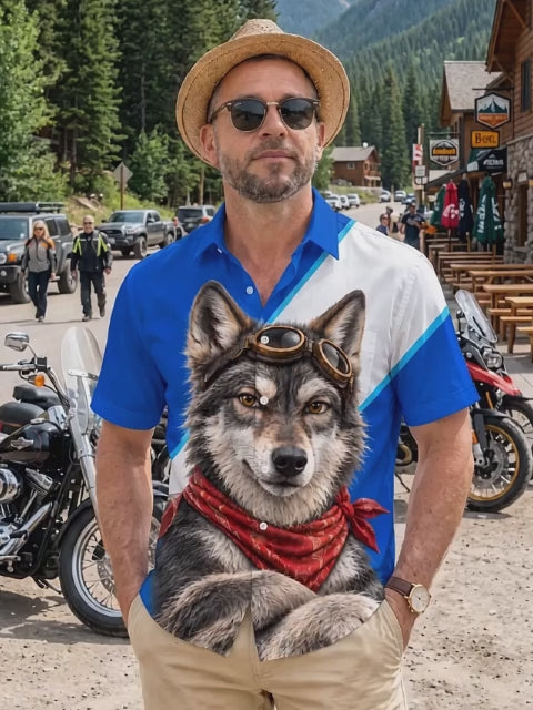 Adaychic Men's Short Sleeve Shirt - Wolf With Aviator Goggles And Red Bandana Print with Chest Pocket
