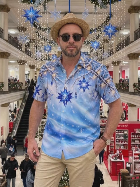 Adaychic Men's Blue Crystal Stars And Snowy Branches Print Short Sleeve Shirt with Chest Pocket