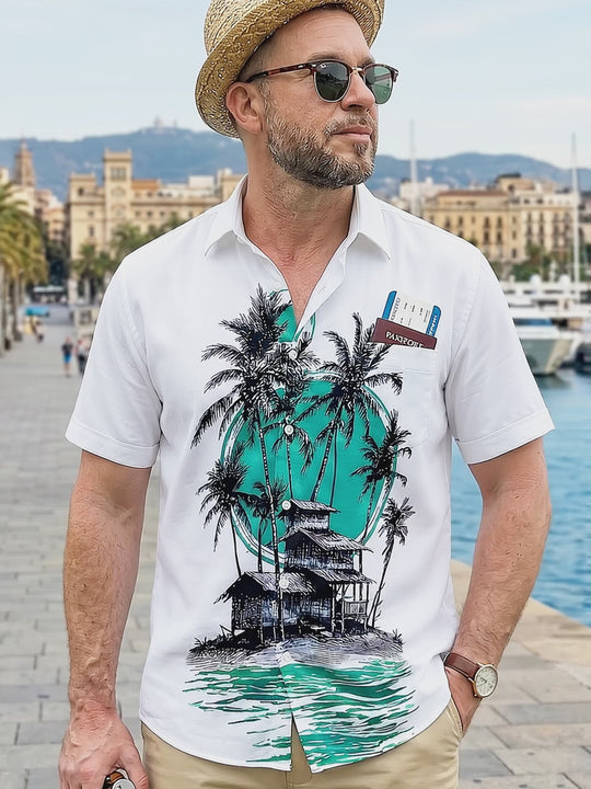 Hawaiian Coconut Tree Men's Pocket Short Sleeve Shirts