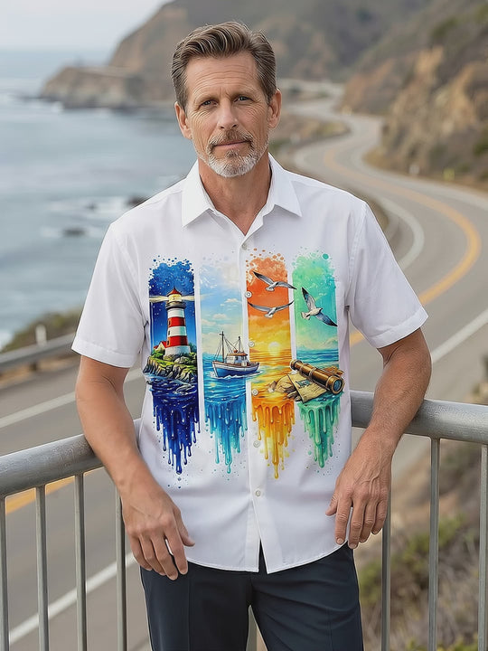 Hawaii Ocean Lighthouse Ship Print Men's Pocket Short Sleeve Shirts
