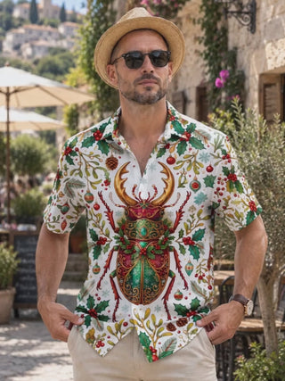 Adaychic Men's Hawaiian Christmas Jewel Stag Beetle Print Short Sleeve Shirt with Chest Pocket