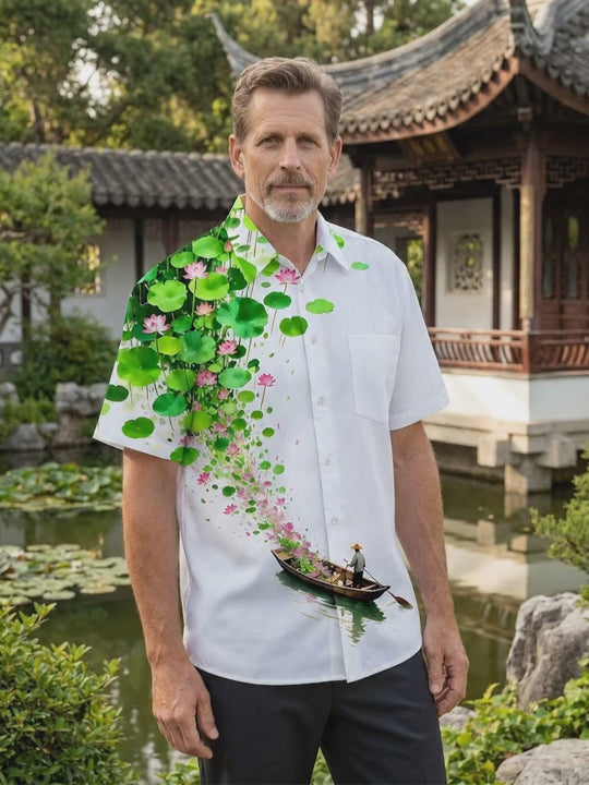 Boating Lotus Pond Landscape Men's Pocket Short Sleeve Shirts