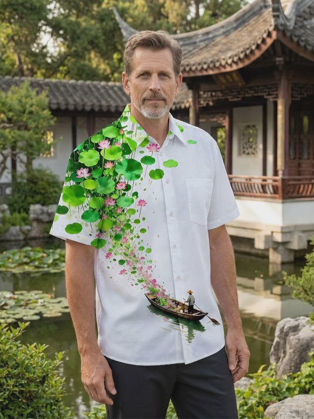Boating Lotus Pond Landscape Men's Pocket Short Sleeve Shirts