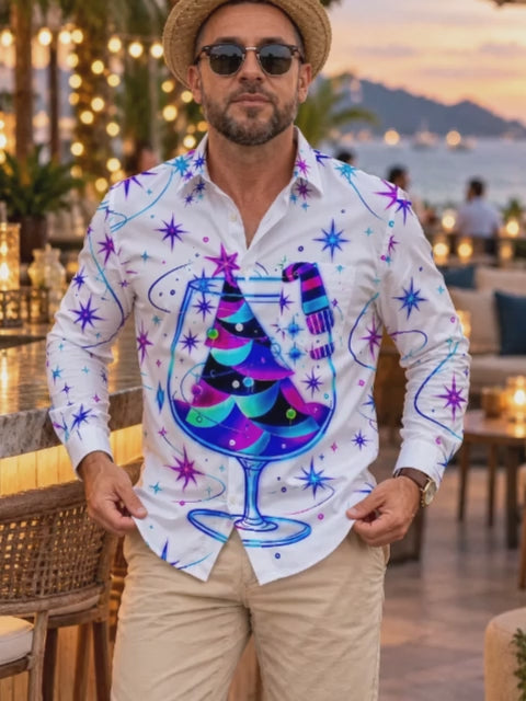 Adaychic Men's Neon Christmas Tree In Wine Glass Print Long Sleeve Shirt with Chest Pocket