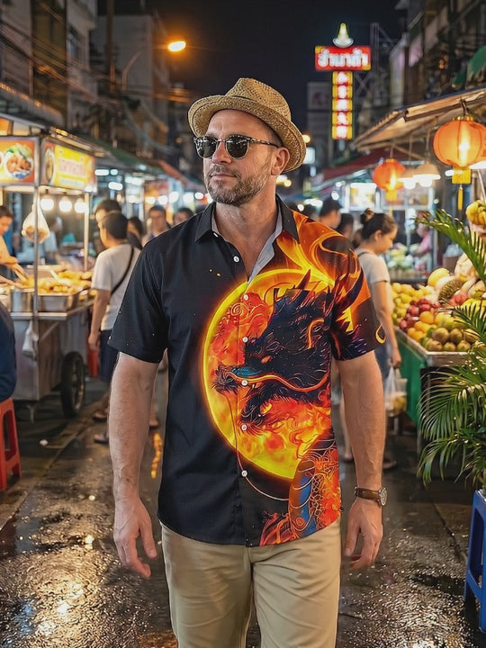 Dark Fiery Oriental Dragon Men's Pocket Short Sleeve Shirts