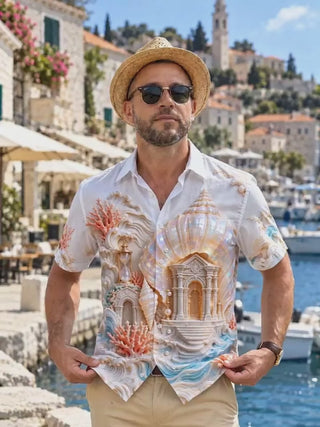 Adaychic Men's 3D Relief Seashell Undersea Temple Print Short Sleeve Shirt with Chest Pocket