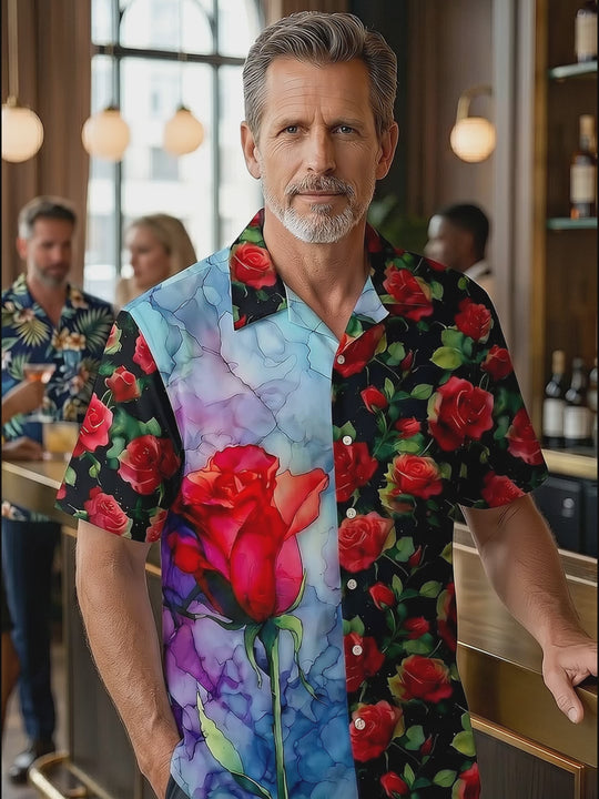 Rose Flower Print Men's Pocket Short Sleeve Shirts
