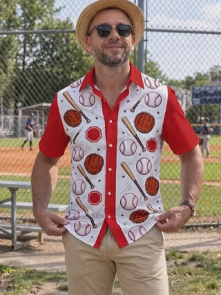 Adaychic Men's Baseball Equipment And Home Plate Print Short Sleeve Shirt with Chest Pocket