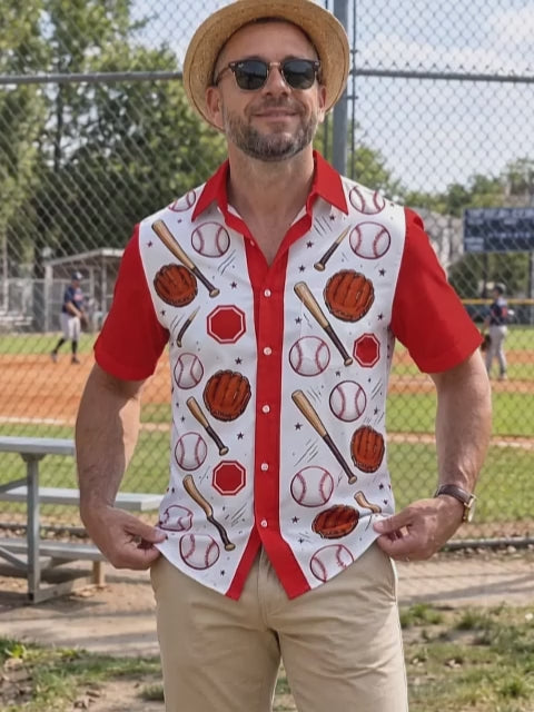 Adaychic Men's Baseball Equipment And Home Plate Print Short Sleeve Shirt with Chest Pocket