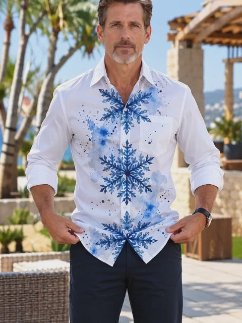 Adaychic Men's Blue Snowflakes With Watercolor Splashes Print Long Sleeve Shirt with Chest Pocket