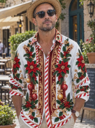 Adaychic Men's Long Sleeve Shirt - Poinsettia And Holly With Christmas Ornaments Print with Chest Pocket