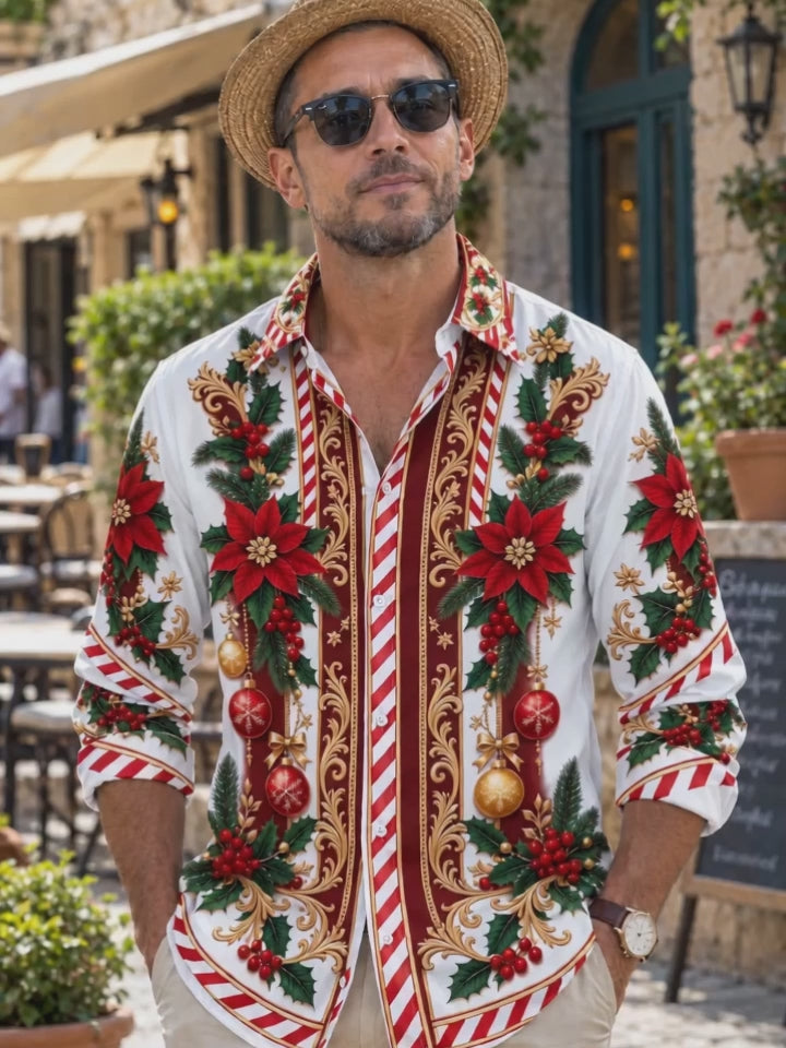 Adaychic Men's Long Sleeve Shirt - Poinsettia And Holly With Christmas Ornaments Print with Chest Pocket