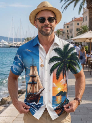 Adaychic Men's Sailing Ship And Palm Tree Sunset Print Short Sleeve Shirt with Chest Pocket