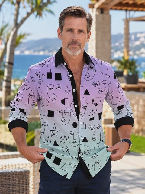 Adaychic Men's Long Sleeve Shirt - Abstract Line Art Faces And Geometric Shapes Print with Chest Pocket