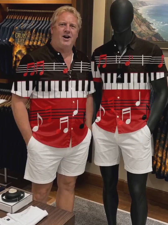 Adaychic Men's Graphic Piano Keyboard Print Short Sleeve Shirt with Chest Pocket