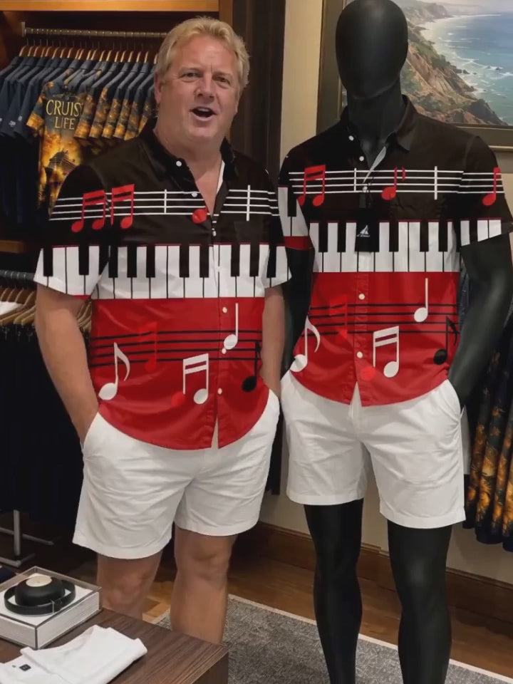 Adaychic Men's Graphic Piano Keyboard Print Short Sleeve Shirt with Chest Pocket