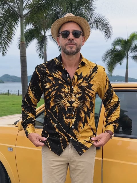 Adaychic Men's Graphic Geometric Lion Face Print Long Sleeve Shirt with Chest Pocket