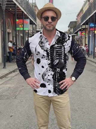 Adaychic Men's Vintage Microphone And Musical Notes Print Long Sleeve Shirt with Chest Pocket