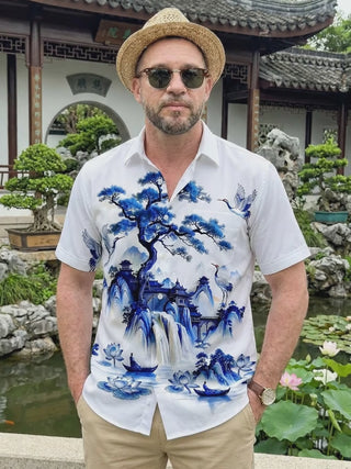 Blue And White Porcelain Landscape Red-crowned Crane Men's Pocket Short Sleeve Shirts