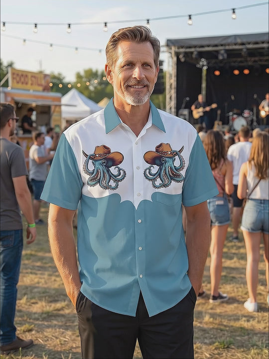 Western cowboy Octopus Print Men's Pocket Short Sleeve Shirts