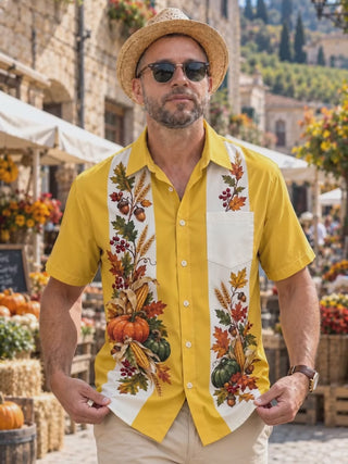 Adaychic Men's Thanksgiving Harvest Pumpkins And Corn Print Short Sleeve Shirt with Chest Pocket