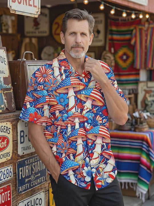 Independence Day Star Floral Mushroom Men's Pocket Short Sleeve Shirts