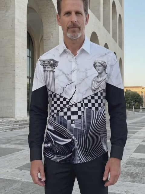 Adaychic Men's Long Sleeve Shirt - Abstract Geometric And Psychedelic Patterns With Classical Statue Print with Chest Pocket