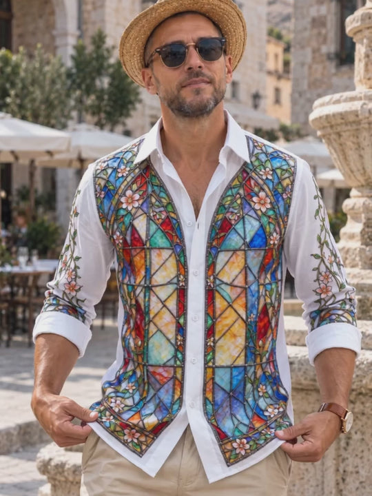 Adaychic Men's Stained Glass Window With Floral Vines Print Long Sleeve Shirt with Chest Pocket