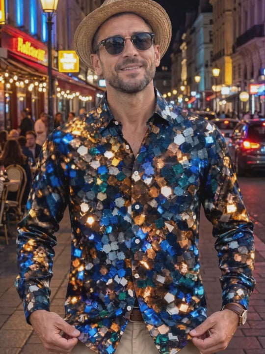 Adaychic Men's Patterned Abstract Geometric Shards Print Long Sleeve Shirt with Chest Pocket