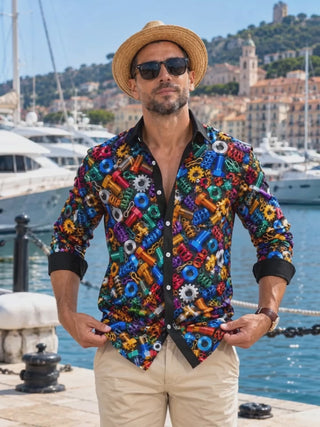 Adaychic Men's Colorful Hardware Screws And Nuts Print Long Sleeve Shirt with Chest Pocket