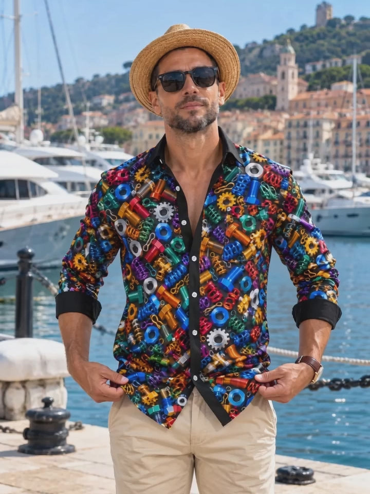 Adaychic Men's Colorful Hardware Screws And Nuts Print Long Sleeve Shirt with Chest Pocket