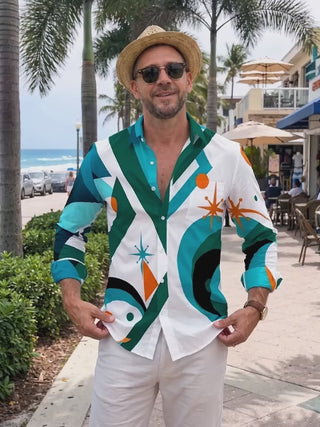 Adaychic Men's Geometric Abstract Shapes And Stars Print Long Sleeve Shirt with Chest Pocket