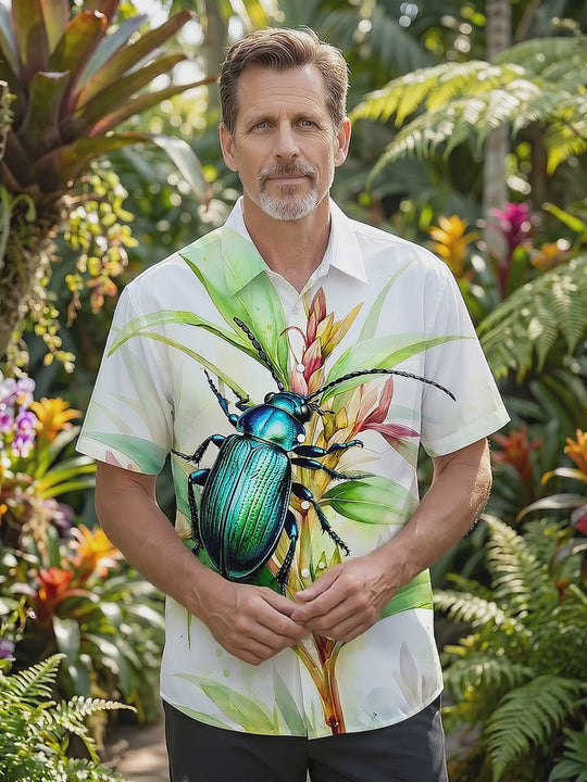 Watercolor Emerald Beetle Plant Men's Pocket Short Sleeve Shirts