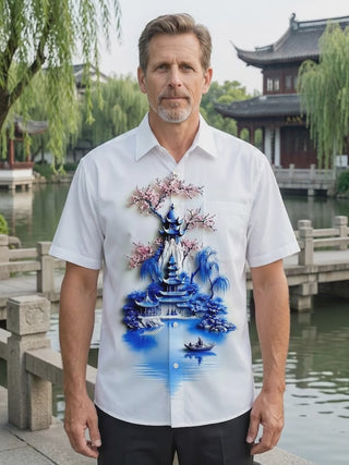 Art Blue And White Porcelain Ancient Pavilion Cherry Blossom Floral Landscape Men's Pocket Short Sleeve Shirts