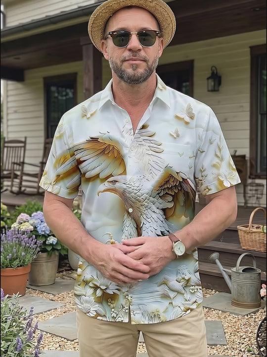 Art 3D Embossed Eagle Flower Butterfly Men's Pocket Short Sleeve Shirts
