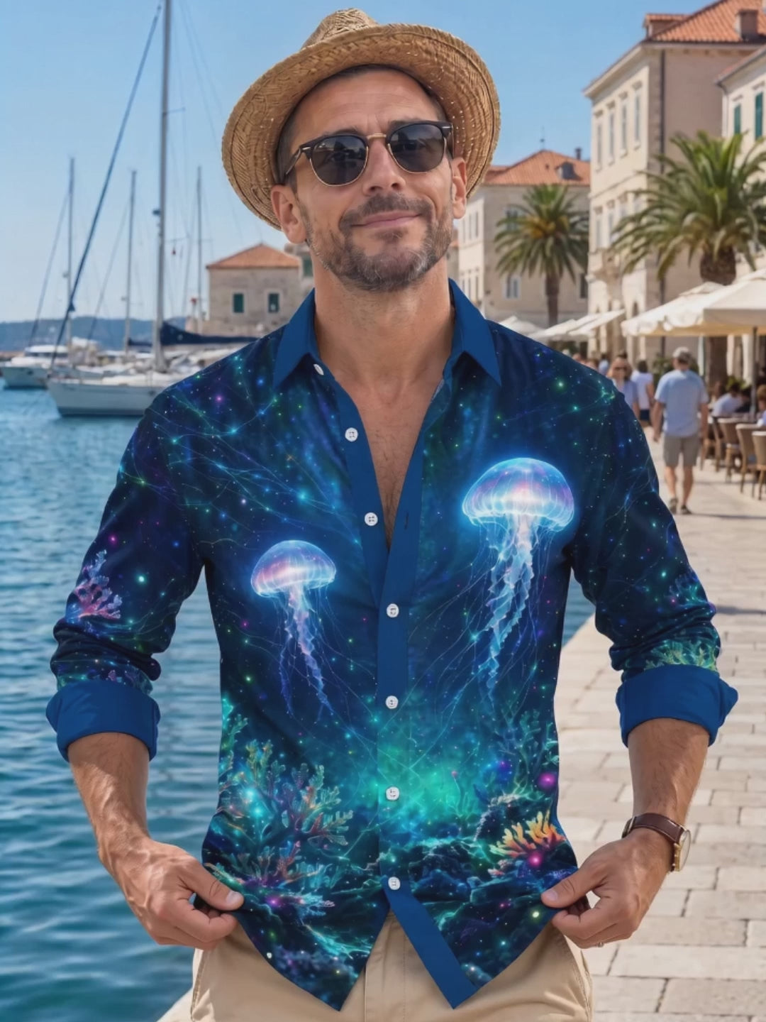 Adaychic Men's Hawaiian Neon Jellyfish And Coral Reef Print Long Sleeve Shirt with Chest Pocket