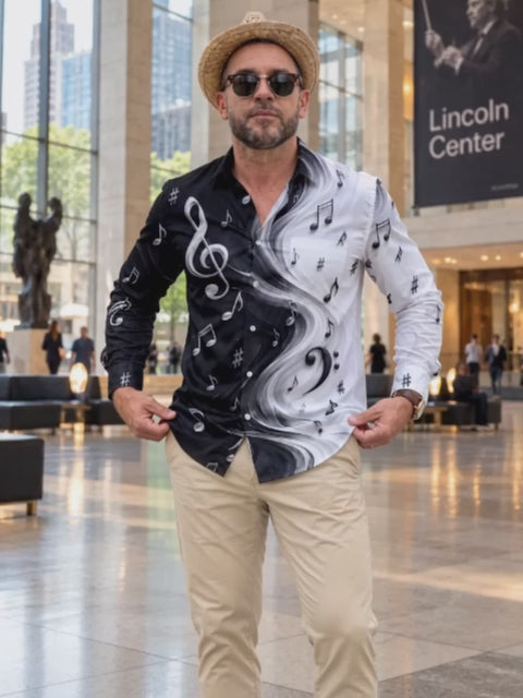Adaychic Men's Graphic Musical Notes And Clefs Print Long Sleeve Shirt with Chest Pocket