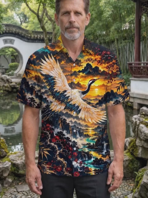 Adaychic Men's Red-crowned Crane And Landscape Print Short Sleeve Shirt with Chest Pocket