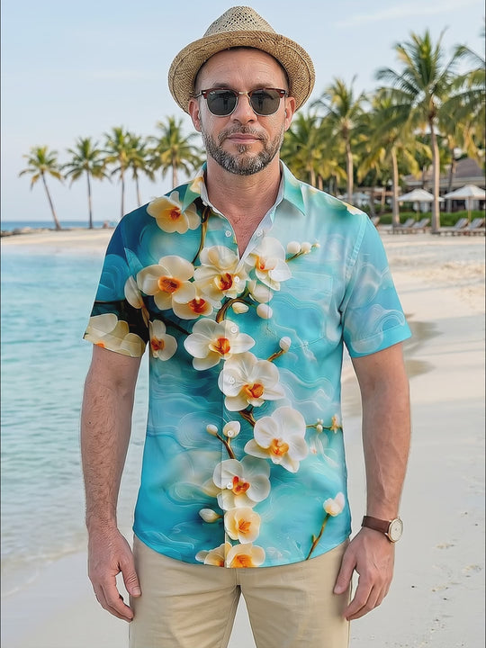 Art Orchid Floral Men's Pocket Short Sleeve Shirts