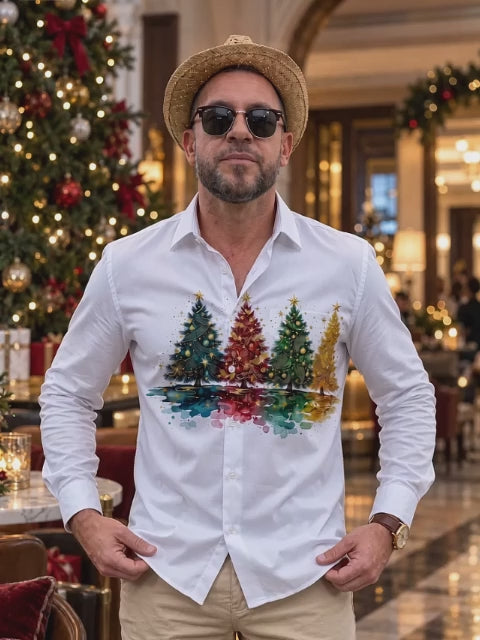 Adaychic Men's Long Sleeve Shirt - Watercolor Christmas Trees With Ornaments And Stars Print with Chest Pocket