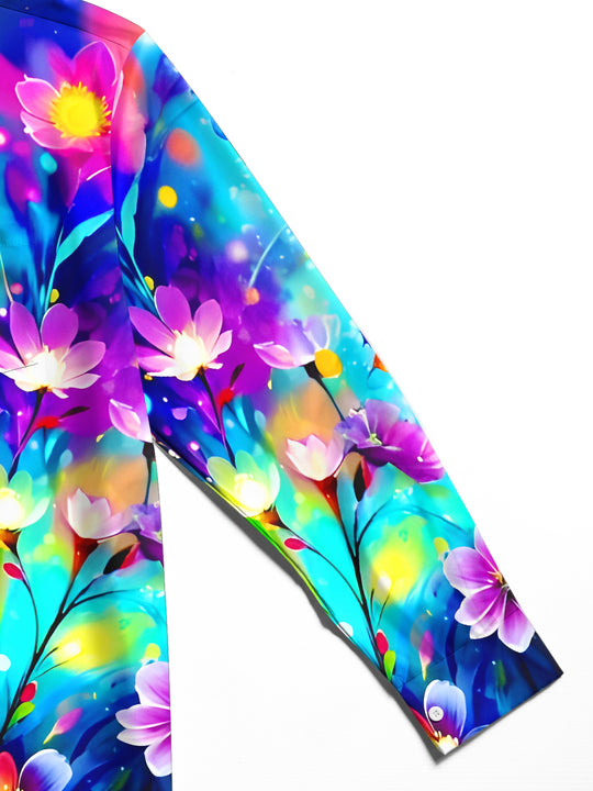 Men's long sleeve floral tie dye shirt close-up stitching detail