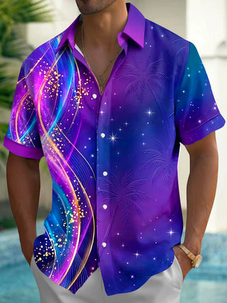 Men's abstract print short sleeve shirt front view for tropical beach vacation