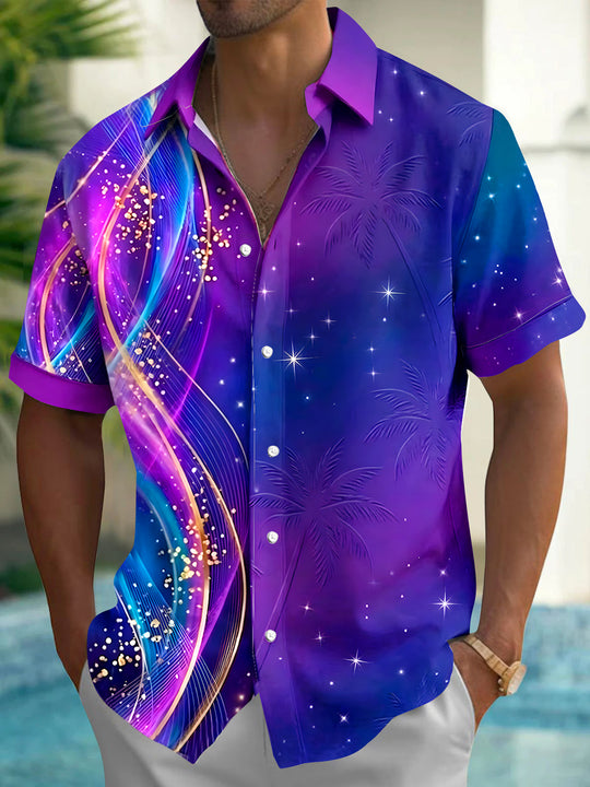 Men's abstract print short sleeve shirt front view for tropical beach vacation