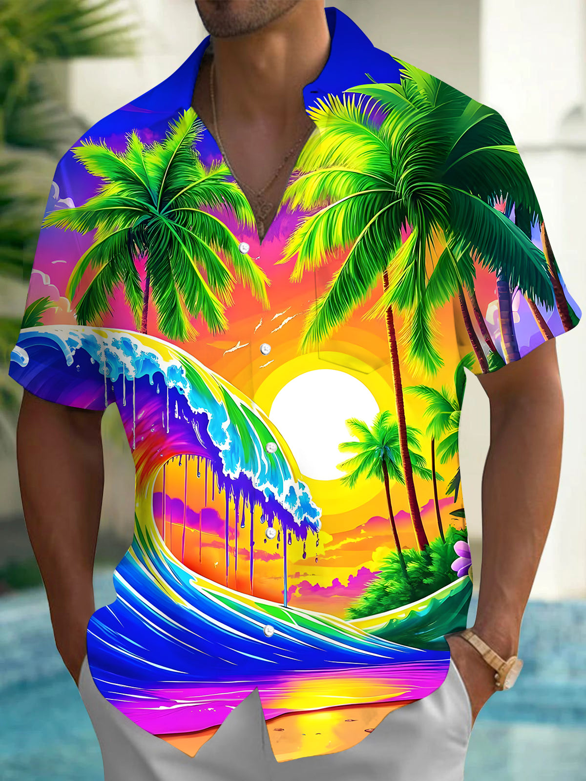 men's Hawaiian shirt front view tropical beach vacation