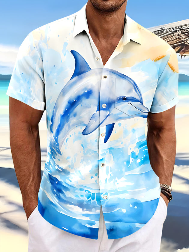 Men's blue Hawaiian dolphin print short sleeve shirt front view tropical beach vacation