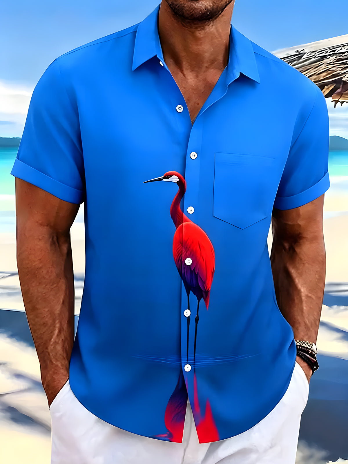 men's red Hawaiian shirt front view tropical beach vacation