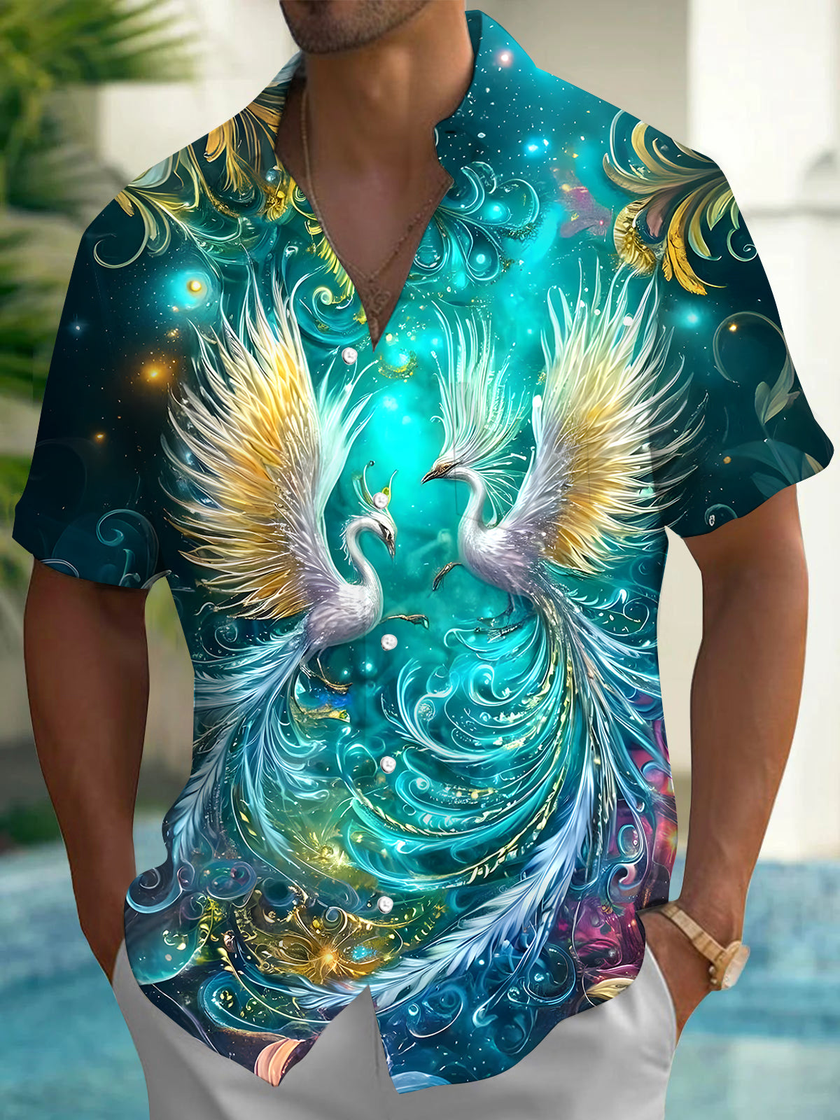 Men's Bird short sleeve Hawaiian shirt front view for tropical beach vacation